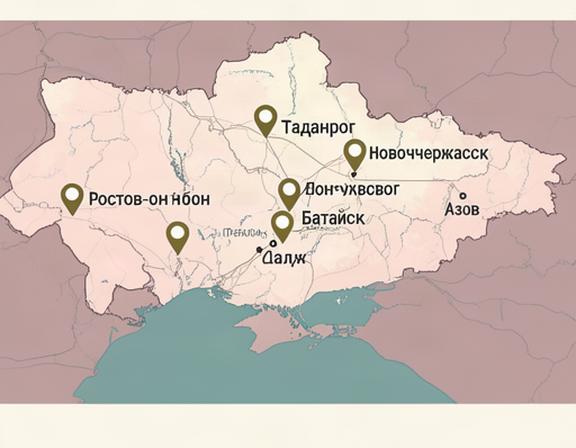 Карта Ростовской облсти с отмеченными городами Таганрог, Ростов-на-Дону и окрестности